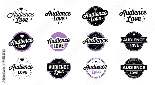 Audience Love logo collection, creative heart designs, branding inspiration, typography variations, star accents, circle banners, flat vector illustration