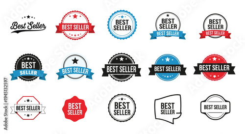 Best Seller badge collection, premium product label design, marketing icon set, retail promotion emblem, decorative typography, flat vector illustration