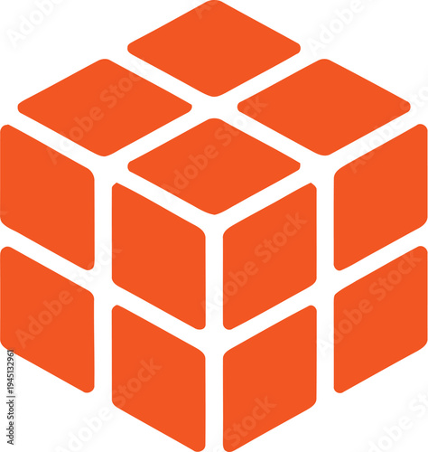 Orange 3D Isometric Cube Puzzle Icon Representing Logic Problem Solving and Strategic Business Structure Isolated on White Background Vector Illustration