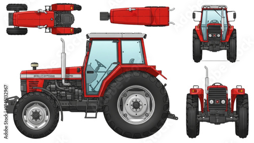 Red Farm Tractor Multi View Agricultural Machinery Vehicle Technical Illustration