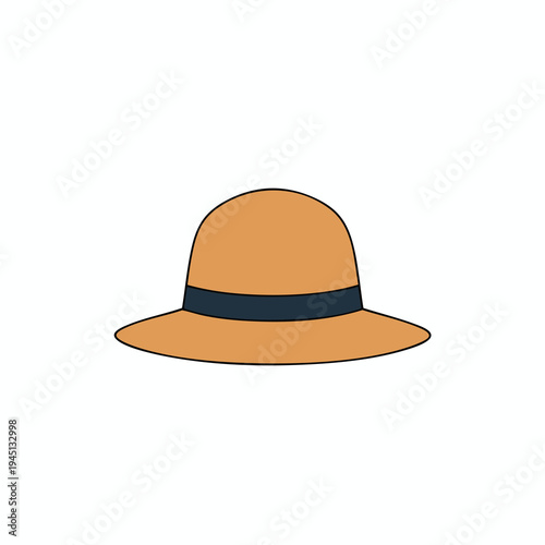 A simple flat illustration of a straw hat with a dark blue band