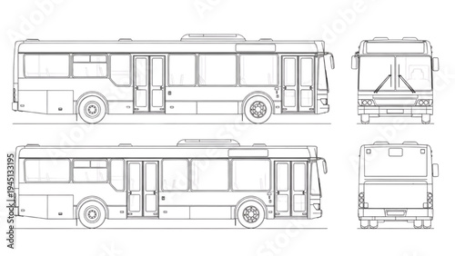 City Transit Bus Technical Blueprint Multi View Public Transportation Vehicle Line Art Illustration
