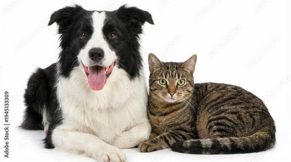 Obraz premium A black and white dog and a brown tabby cat sitting together on white background animal pet border collie studio shot friendship companion collar mammal