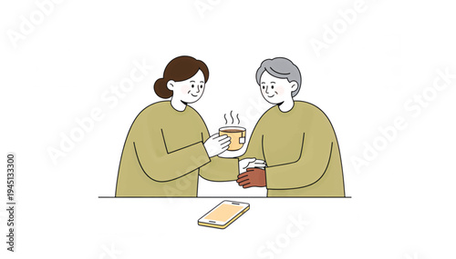 Caregiver serving tea to an elderly woman. Invisible labor and home care concept. Flat design vector illustration