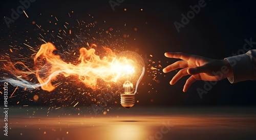Incandescent light bulb exploding with fire and golden sparks. Creative energy and sudden inspiration. Business person reaching toward a glowing bulb that is bursting with light and heat.