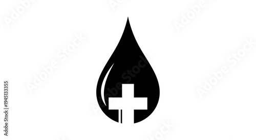 Black Blood Drop with White Medical Cross Icon for Healthcare and Donation