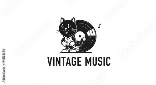 Cartoon Cat with Vinyl Record - Vintage Music Logo Illustration