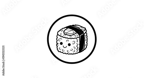 Cute Cartoon Maki Sushi Roll with Happy Face - Simple Line Art Icon