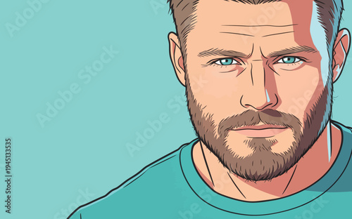 A man looks directly at the viewer with blue eyes and a beard. He wears a blue shirt and has a focused expression.