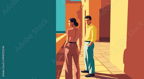 Couple enjoying a scenic view on a balcony, vector illustration of a man and woman in stylish attire, digital art