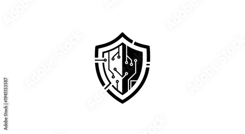 Cybersecurity shield logo with circuit board lines, digital data protection symbol