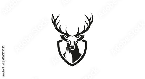 Deer Head with Antlers in Shield Logo Design - Monochrome Animal Emblem
