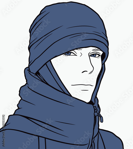 A person is dressed in a blue winter hat and scarf. They show focus in a cold setting. The background is unclear.