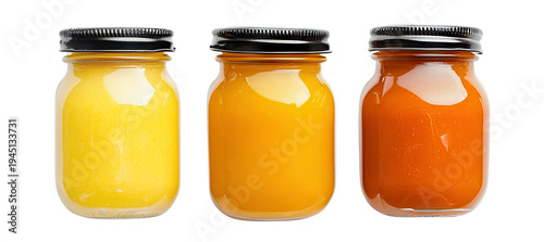 Three glass jars of baby fruit puree, isolated on transparent cutout background