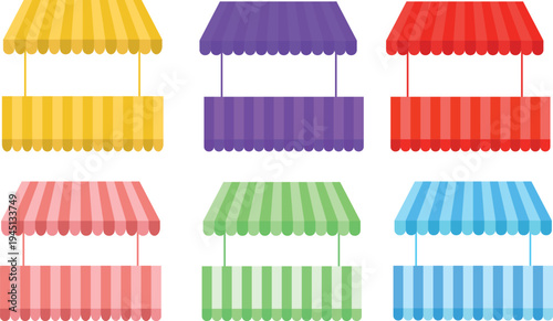 Striped Shop Awnings Set: Vector Illustration of Vintage Market Canopies Isolated on Light Background	