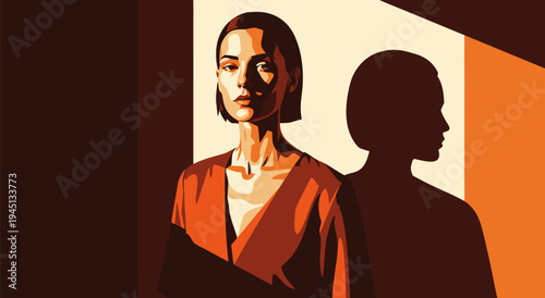 Striking vector illustration of a woman in warm tones, casting a shadow, representing strength and introspection