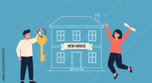 Excited Couple Celebrating New House Ownership With Key and Diploma In This Vector Illustration