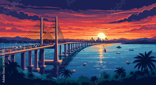 Pixel Art Sunset Over a Coastal City Bridge A Vibrant Vector Illustration