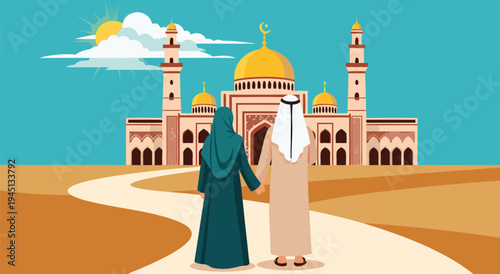 A Muslim couple walks towards a mosque in this vector illustration depicting religious devotion and cultural traditions