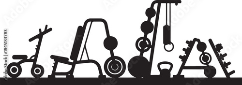 Black silhouettes of various gym equipment exercise machines
