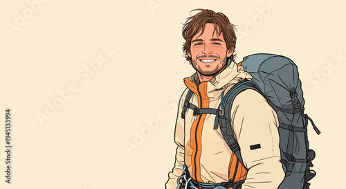 A man stands with a backpack, smiling and ready for a hike outdoors in daylight. He wears warm clothing and enjoys the moment.