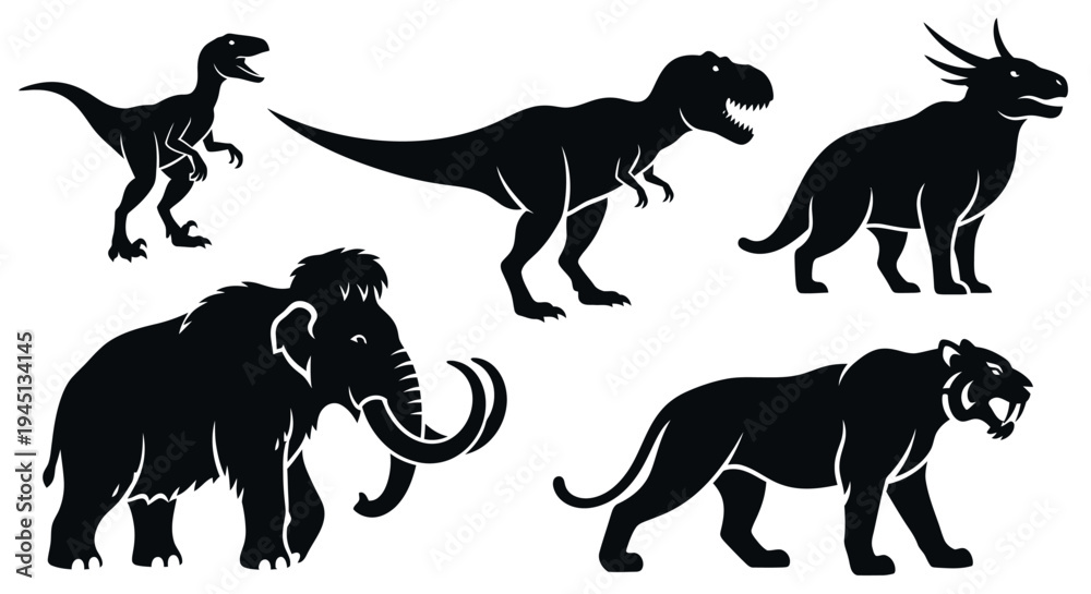 Fototapeta premium Prehistoric Animals Silhouettes Set: Dinosaurs and Ice Age Mammals Collection