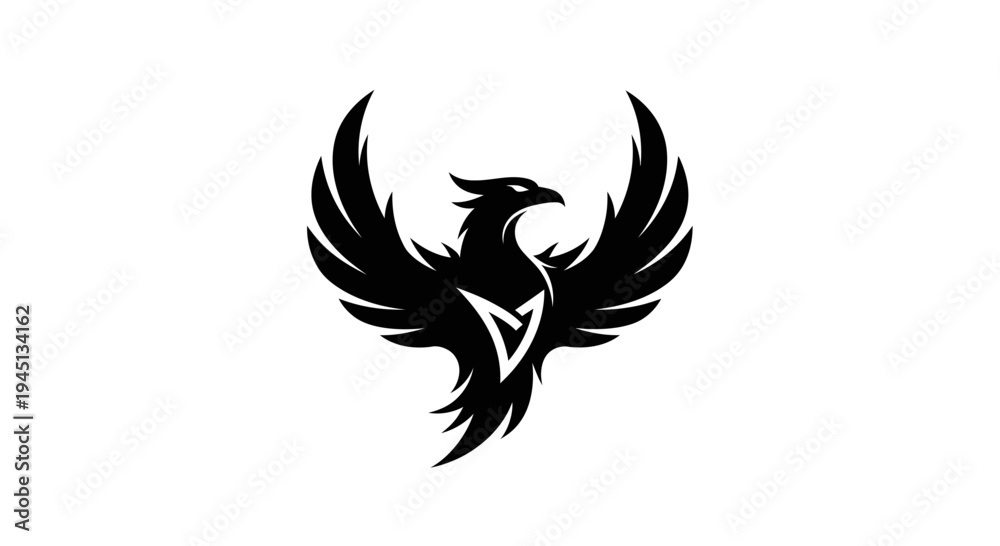 Fototapeta premium Majestic Black Phoenix Bird Logo with Spread Wings, Mythical Firebird Emblem