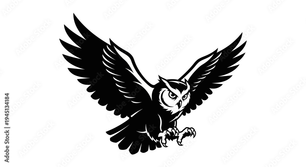 Obraz premium Majestic Flying Owl Silhouette Vector Illustration - Dynamic Nocturnal Bird with Spread Wings