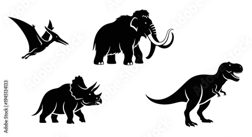Prehistoric Animals Silhouettes Set: Dinosaurs and Mammoth Vector Icons