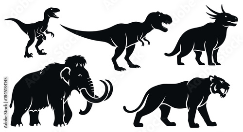 Prehistoric Animals Silhouettes Set: Dinosaurs and Ice Age Mammals Collection