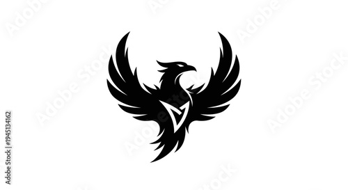 Majestic Black Phoenix Bird Logo with Spread Wings, Mythical Firebird Emblem