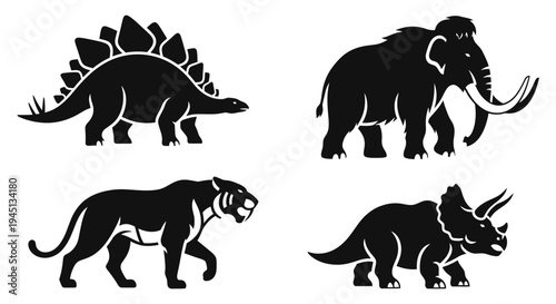 Prehistoric Animals Silhouettes Set: Dinosaurs, Mammoth, and Saber-toothed Tiger Icons