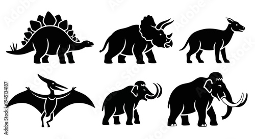 Prehistoric Animals Silhouettes Set: Dinosaurs and Mammoths Icons Vector Illustration