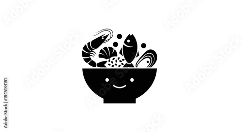 Minimalist Black and White Smiling Bowl with Fresh Seafood Illustration