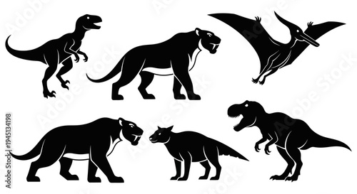 Prehistoric Animals Silhouettes Set: Dinosaurs, Saber-Toothed Tigers, and Pterodactyl Vector Art