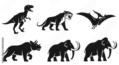 Prehistoric Extinct Animal Silhouettes Set: Dinosaur, Saber-toothed Tiger, Pterodactyl, Mammoth, Rhino