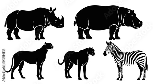 Set of African Safari Animals Silhouettes: Rhino, Hippo, Big Cats, and Zebra
