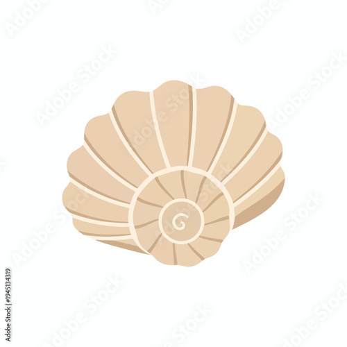 A flat illustration of a beige, spiraled seashell with scalloped edges