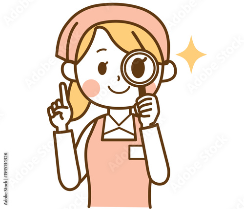 虫眼鏡を持ってチェックするスーパーマーケットの女性スタッフのイラスト
