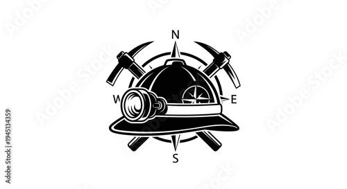 Mining Helmet with Pickaxes and Compass Rose Black and White Illustration