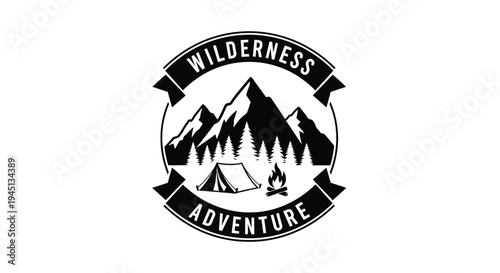 Monochrome Wilderness Adventure Logo with Mountains, Tent, and Campfire