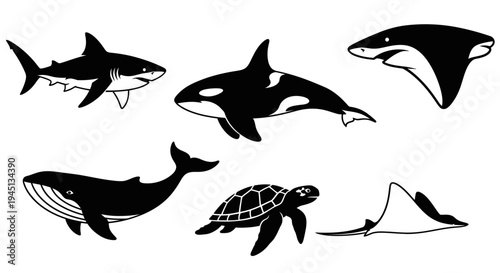 Set of marine animals silhouettes: shark, whale, orca, ray, and sea turtle