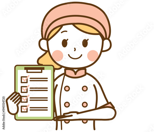 チェックリストを持っているパン屋の女性スタッフのイラスト