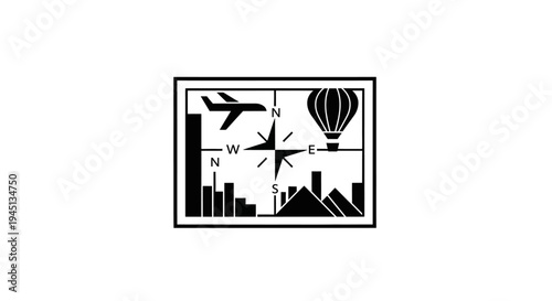 Travel map with compass, airplane, hot air balloon, and city landscape silhouette