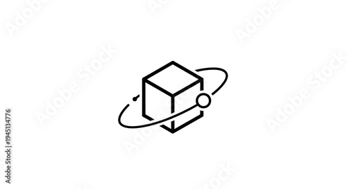 3D Cube with Orbiting Element Icon Representing Technology, Data, or Virtual Reality