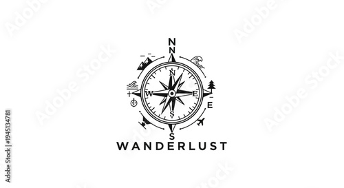 Wanderlust Compass with Travel Icons Vector Graphic