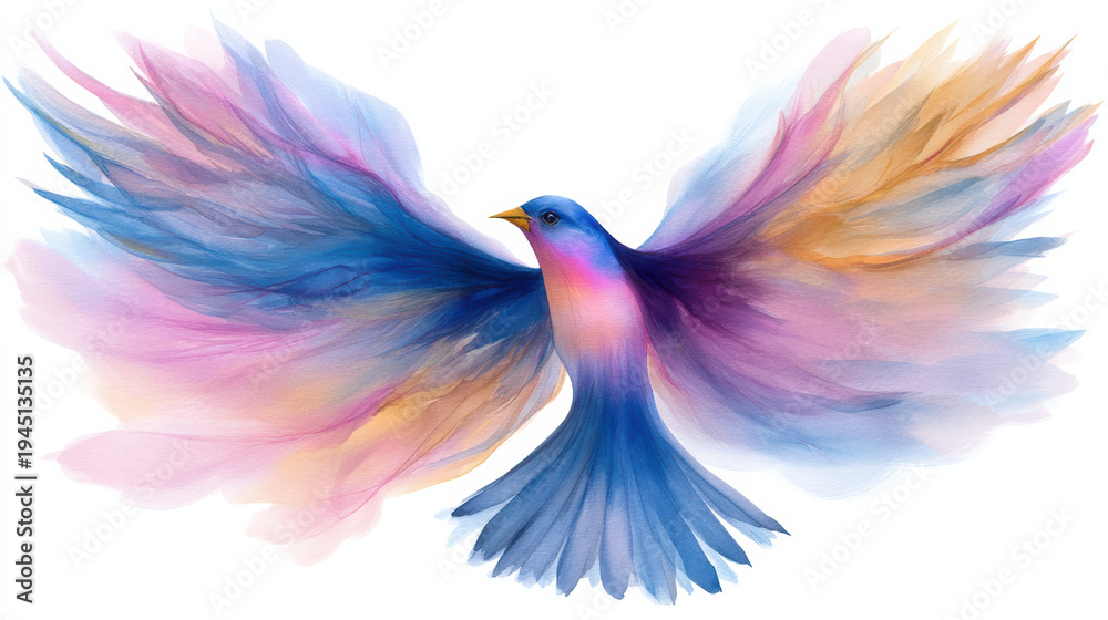 Obraz premium Elegant watercolor bird with vibrant pastel wings spreading in flight. Soft flowing feathers and dreamy colors create a graceful fantasy nature illustration.