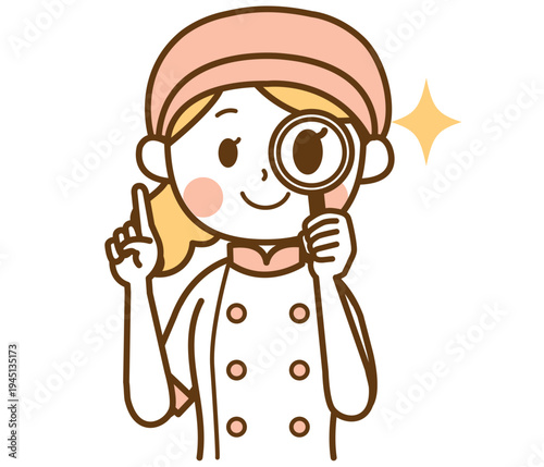 虫眼鏡を持って説明するパン屋の女性スタッフのイラスト