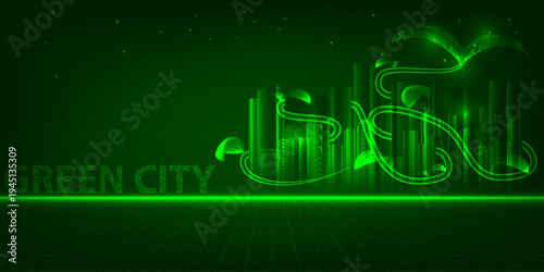 Vector illustrations of green city artwork and background.Plants growth and crawling around the cities.