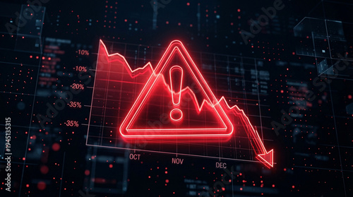 Digital data crash red decline chart with warning symbol and abstract technological background indicating financial crisis or system failure